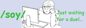 soyak, arm, closed mouth, computer, glasses, hands, rolling eyes, sitting, soyjak, soyjak party