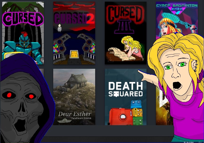 two pointing soyjaks, black sclera, blonde hair, bone, bones, clothes, cursed (video game), earring, female, green eyes