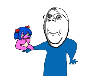 bury pink gril, gapejak, wholesome soyjak, /s4s/, animated, arm, blue hair, bowtie, eating, glasses