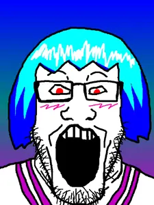markiplier soyjak, colorjak, blue hair, colorful hair, glasses, open mouth, proxima64, red eyes, soyjak, stubble