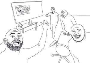 jaknjellify, unknown, arm, bald, beard, chair, closed mouth, clothes, ear, full body