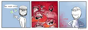a24 slowburn soyjak, gapejak, wholesome soyjak, angry, closed mouth, comic, glasses, mustache, racism, smile