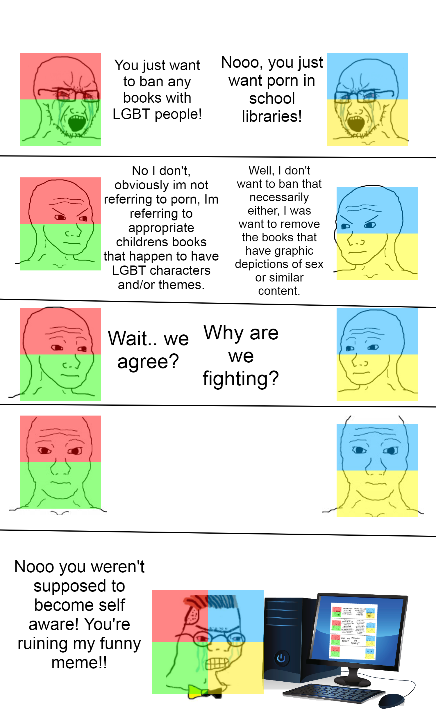 wojak, cryboy soyjak, zoomer, anarcho-capitalism, angry, breaking the 4th wall, comic, computer, computer mouse, crying