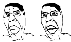 chudjak, cobson, suspicious chudjak, 2soyjaks, closed mouth, distorted, glasses, hair, lips, looking at you