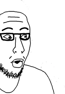 tfgjak2, bushy eyebrows, glasses, half open mouth, soyjak, stubble