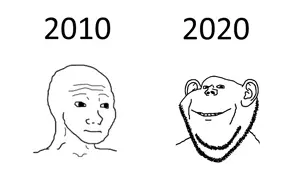 wojak, impish soyak ears, 2010, 2020, ear, evolution, meme, smile, soyjak, stubble