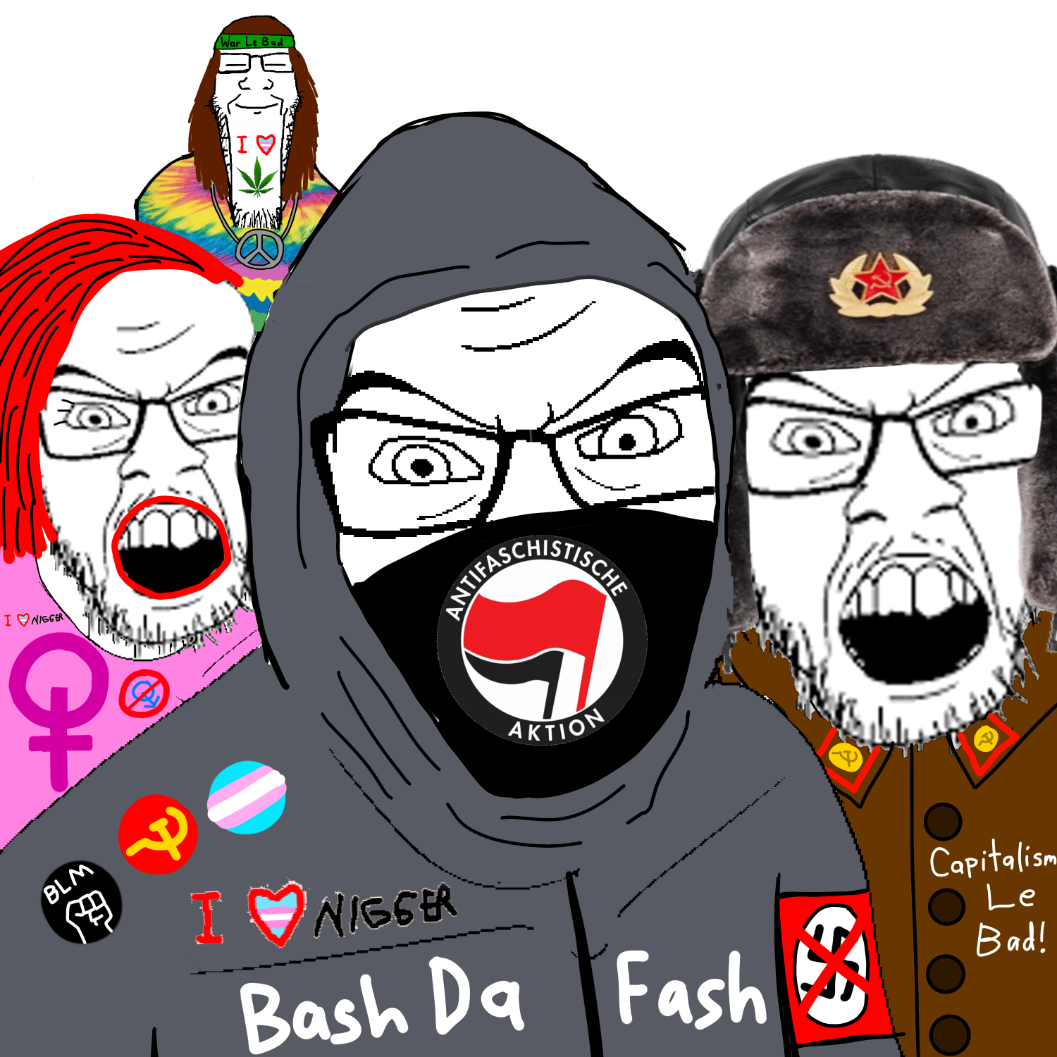 feraljak, markiplier soyjak, longplier, 4soyjaks, angry, antifa, brown hair, calm, closed mouth, clothes
