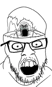 a24 slowburn soyjak, feraljak, feraljak (crazed), 2soyjaks, angry, bloodshot eyes, crazed, crying, glasses, hairy
