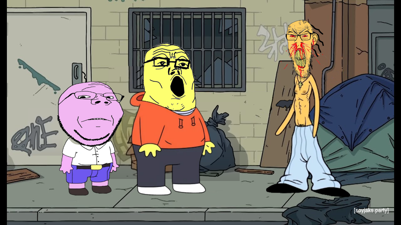 feraljak, gapejak, tony soprano soyjak, feralrage, wholesome soyjak, 3soyjaks, adult swim, angry, bloodshot eyes, graffiti