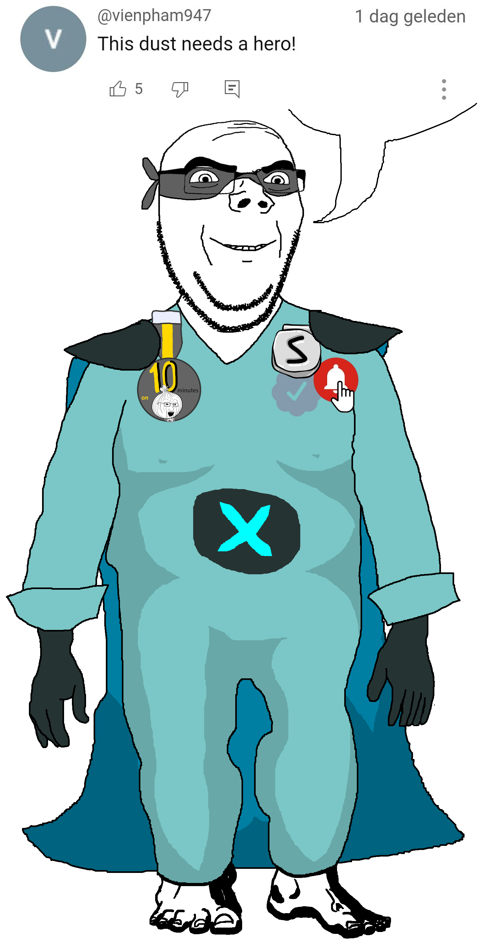 cobson, gapejak, soyak, wholesome soyjak, arm, badge, closed mouth, clothes, full body, glasses