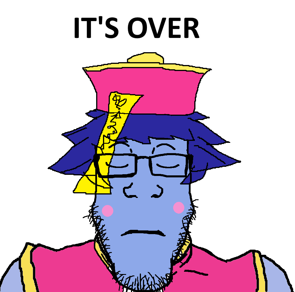 markiplier soyjak, its over, blue hair, blue skin, blush, chinese vampire, closed eyes, closed mouth, clothes, darkstalkers