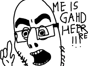 cobson, angry, bushy eyebrows, coaxed into a snafu, glasses, hands, oekaki, open mouth, stubble, text