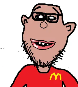 ugly asshole, amerimutt, brown skin, clothes, ear, glasses, half open mouth, mcdonalds, soyjak, stubble
