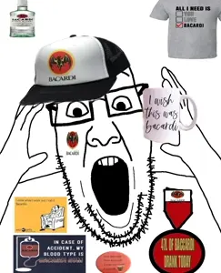 ppp, alcohol, arm, bacardi, badge, bottle, cap, clothes, glasses, hat