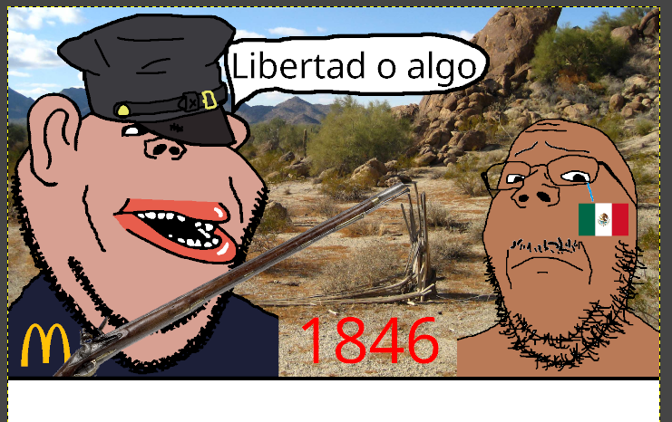 gapejak, impish soyak ears, impish amerimutt, wholesome soyjak, amerimutt, 1846, 2soyjaks, brown skin, bush, clothes