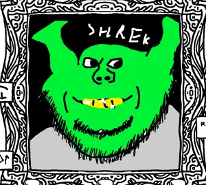 impish soyak ears, different strokes, ear, golden tooth, green skin, ogre ears, shrek, smile, soyjak, stubble