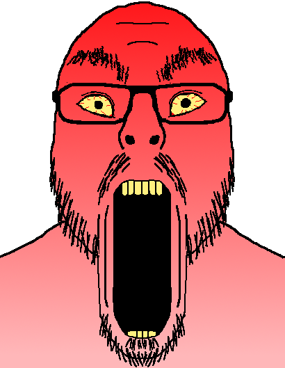 flartson, flartrage, angry, bloodshot eyes, bushy eyebrows, glasses, mustache, open mouth, red skin, soyjak