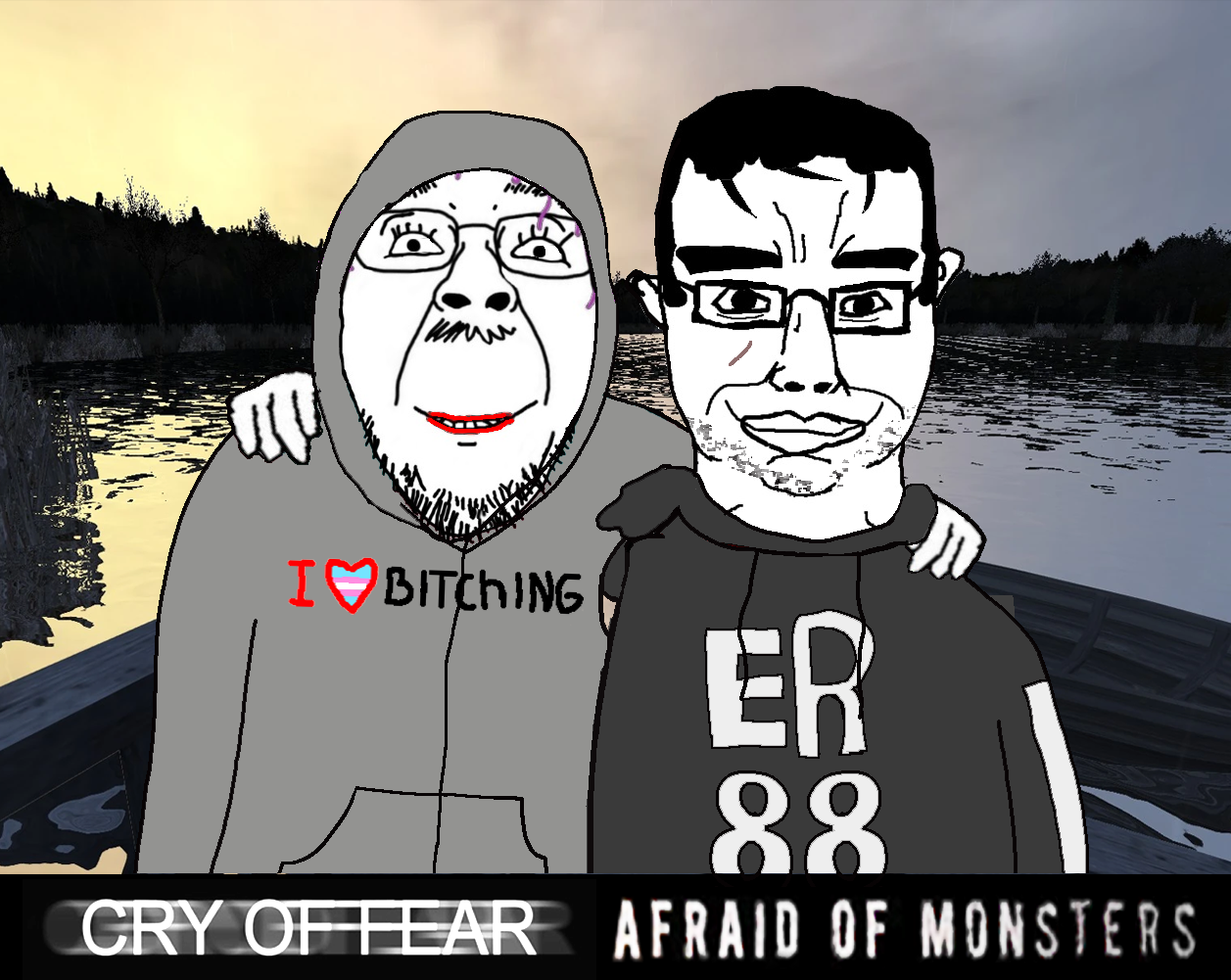 bernd, chudjak, chudjak front, chud troon alliance, 2soyjaks, afraid of monsters, boat, closed mouth, clothes, cry of fear