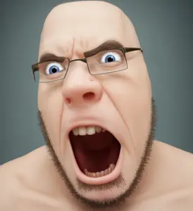 cobson, angry, background, blue eyes, brown hair, bushy eyebrows, fleshy, hair, open mouth, realistic