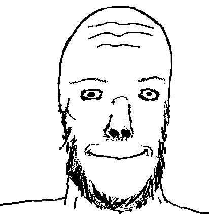 a24 slowburn soyjak, bighead, bald, closed mouth, front view, get, looking at you, monochrome, portrait, smile