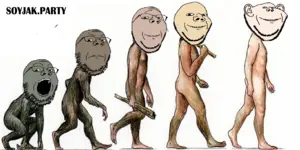 gapejak, impish, impish soyak ears, wholesome soyjak, 5soyjaks, arm, blue eyes, brown skin, chimpanzee, ear