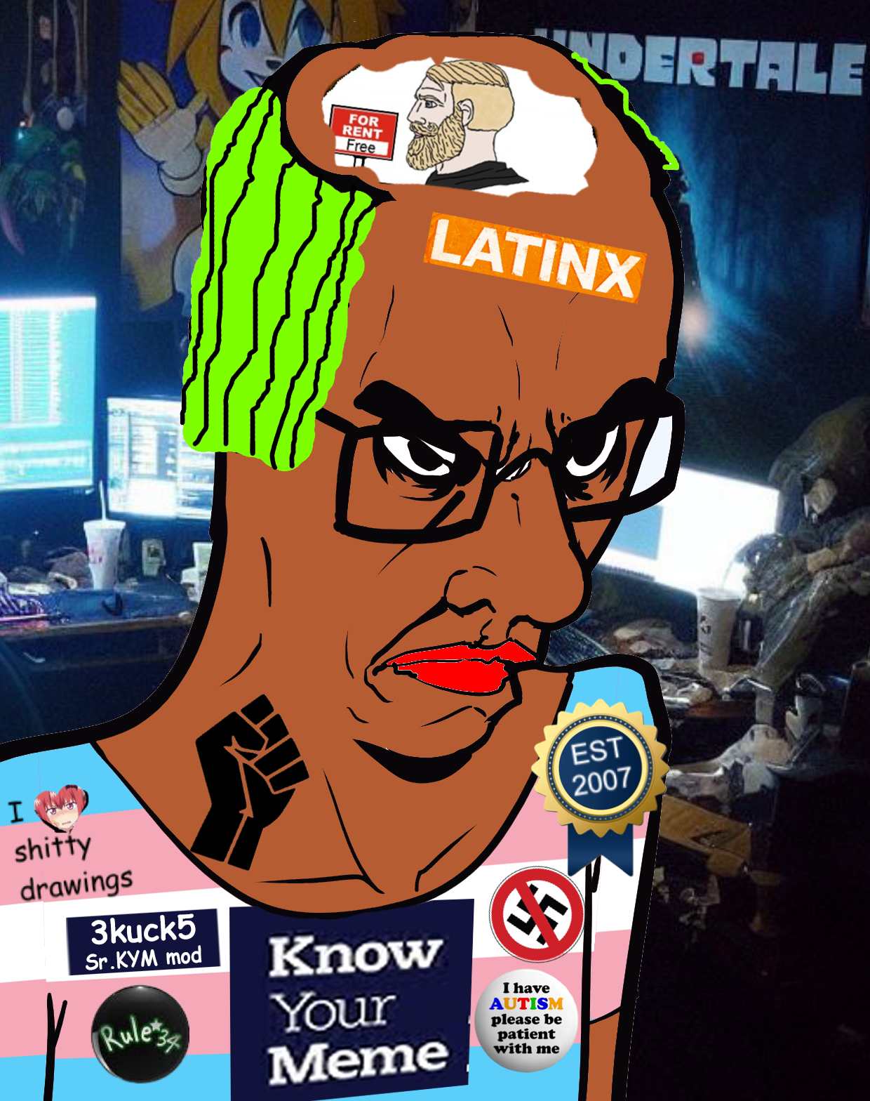 chudjak, chudjak seething, 2007, anime, autism, brown skin, closed mouth, furry, gender-neutral language, green hair