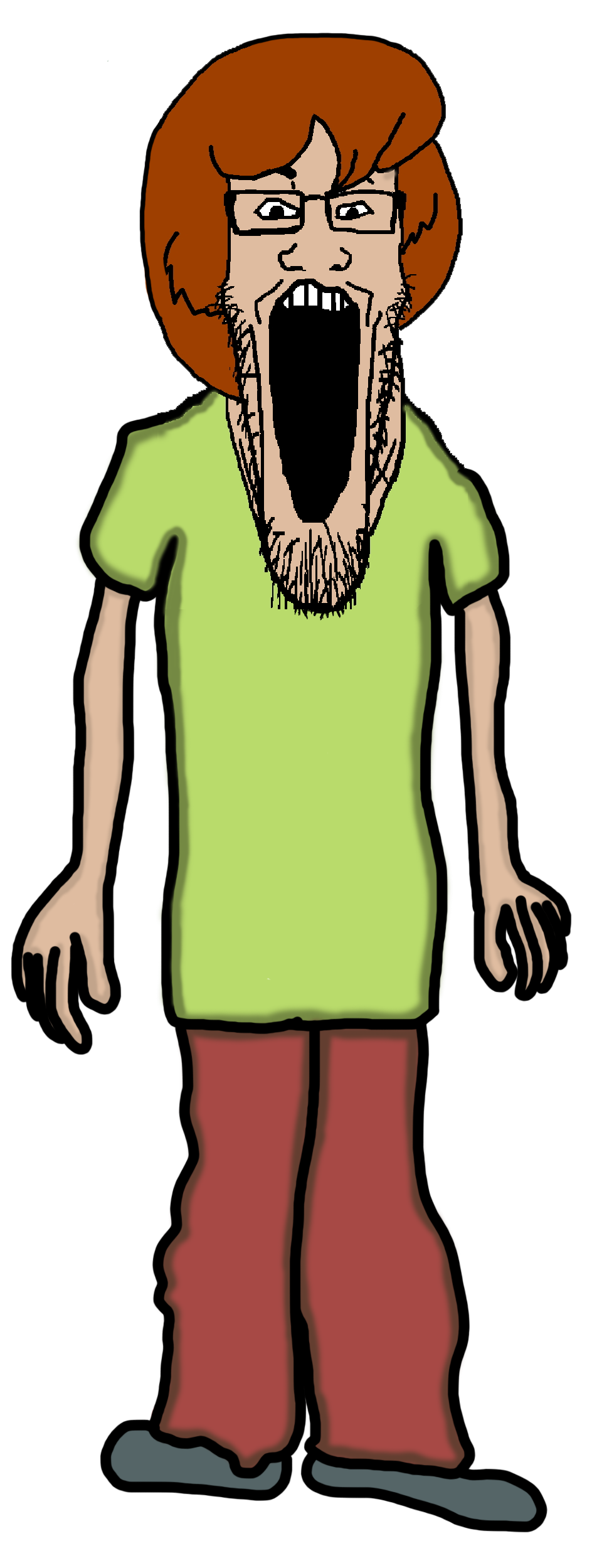 markiplier soyjak, brown hair, brown skin, cartoon, clothes, full body, glasses, hair, open mouth, shaggy (scooby doo character)
