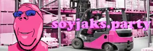 gapejak, wholesome soyjak, blue glasses, closed mouth, forklift, glasses, irl background, pink, pink skin, smile