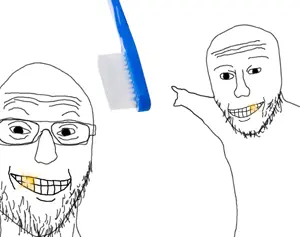 two pointing soyjaks, glasses, grin, soyjak, sparkle, stubble, toothbrush