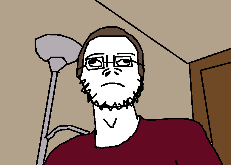 a24 slowburn soyjak, adams apple, brown hair, closed mouth, clothes, cross eyed, door, glasses, hair, ivan gamaz