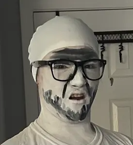 feraljak, clothes, cosplay, cringe, facepaint, glasses, internet is leaking, open mouth, real life, selfie