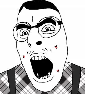 cobson, acne, angry, bushy eyebrows, glasses, hair, looking to the left, mustache, nerd, open mouth