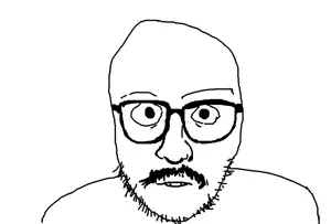 lev myskin, closed mouth, glasses, mustache, stubble, teeth