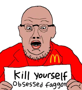trumpjak, amerimutt, beard, clothes, glasses, hands, holding object, mcdonalds, open mouth, soyjak