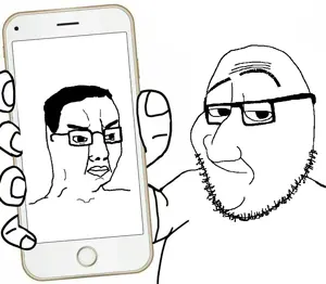 chudjak, smugjak, closed mouth, eyebrows, glasses, holding object, holding phone, phone, raised eyebrow, smug