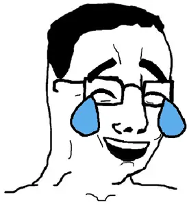 chudjak, closed eyes, crying, emoticon, glasses, hair, half open mouth, laughing, laughing emoji, soyjak
