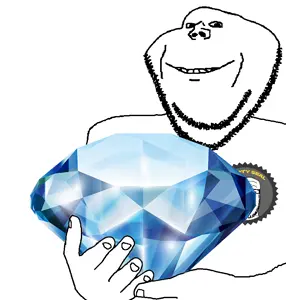 a24 slowburn soyjak, impish soyak ears, 2soyjaks, arm, badge, gem, hands, holding gem, holding object, looking at you