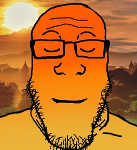 markiplier soyjak, bald, closed eyes, closed mouth, fog, forehead lines, forehead wrinkles, forest, glasses, irl background