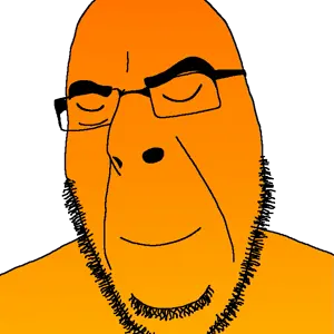 dersoylentdrinker, cobson, calm, closed eyes, closed mouth, glasses, orange skin, smile, soyjak, stubble