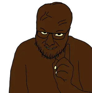 interjak, black skin, brown teeth, closed mouth, glasses, hands, nigger, smile, soyjak, stubble