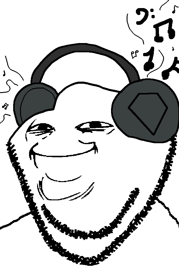 impish soyak ears, yoba imp, 1soyjak, black eyes, glasses, headphones, monochrome, music, musical note, smile