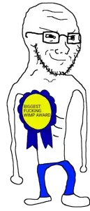 soyak, arm, award, barefoot, biggest fucking wimp award, blue pants, clothes, feet, full body, glasses