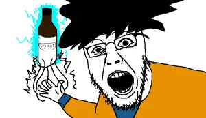 goku, yurjak, anime, drink, holding bottle, holding soylent, open mouth, orange shirt, soy, soyjak