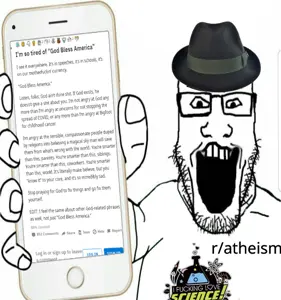 markiplier soyjak, atheism, clothes, english text, fedora, glasses, hat, holding object, holding phone, i fucking love science