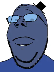 gapejak, wholesome soyjak, beard, blue skin, closed mouth, clothes, dot, eyebrows, forehead lines, glasses