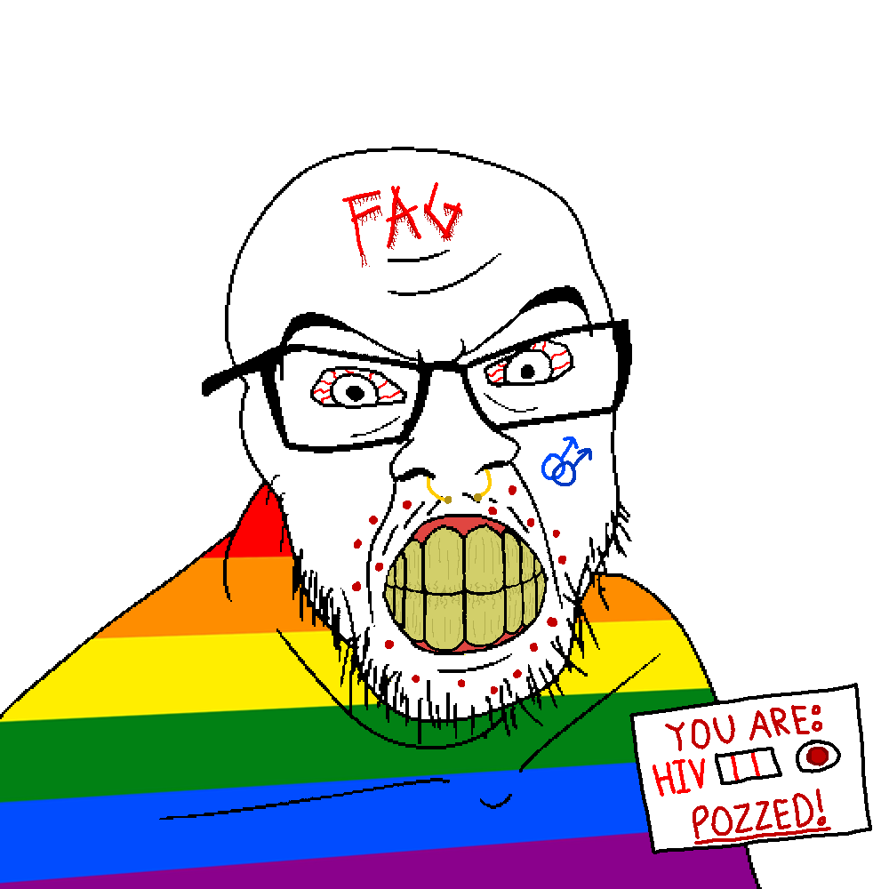 feraljak, aids, angry, bloodshot eyes, clenched teeth, english text, eyebrows, flamboyant person, homosexual, glasses