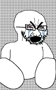dersoylentdrinker, cryboy soyjak, soyak, arm, bald, bloodshot eyes, bushy eyebrows, crying, eyebrows, feet