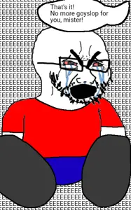 dersoylentdrinker, cryboy soyjak, soyak, angry, arm, bald, bloodshot eyes, bushy eyebrows, clothes, crying
