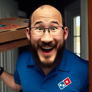 markiplier soyjak, blue shirt, dominos pizza, ear, holding object, irl background, looking at you, pizza