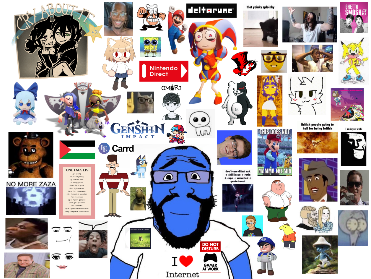 boykisser, mario, patrick bateman, peter griffin, pomni, sonichu, squidward tentacles, trollface, markiplier soyjak, science lover